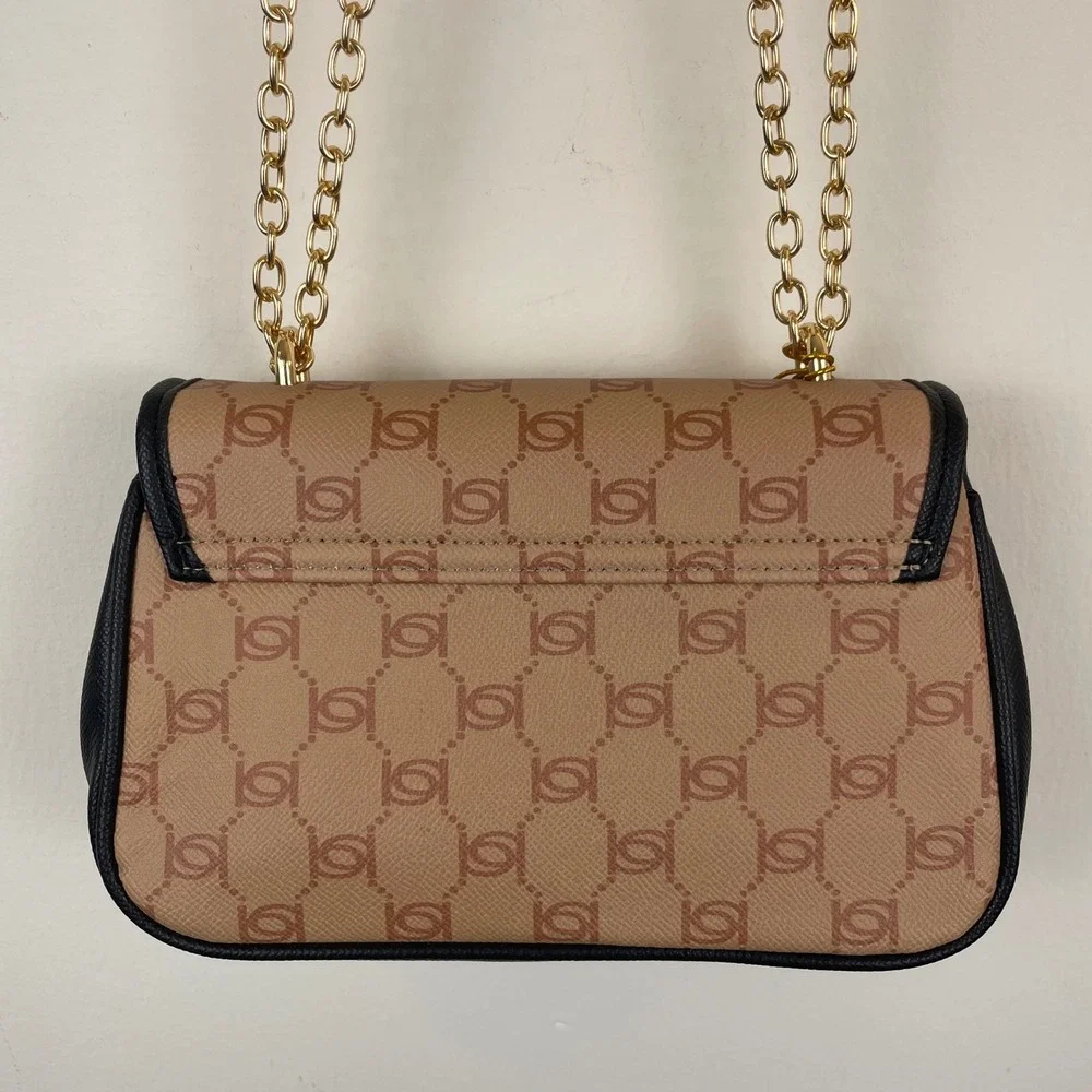 Bebe Monogram Crossbody Bag Tan‎ Black Gold Chain Strap Logo Shoulder Bag NEW
